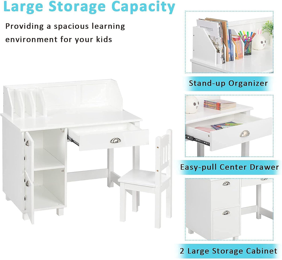 Kids Desk and Chair Set with Hutch and Storage X746