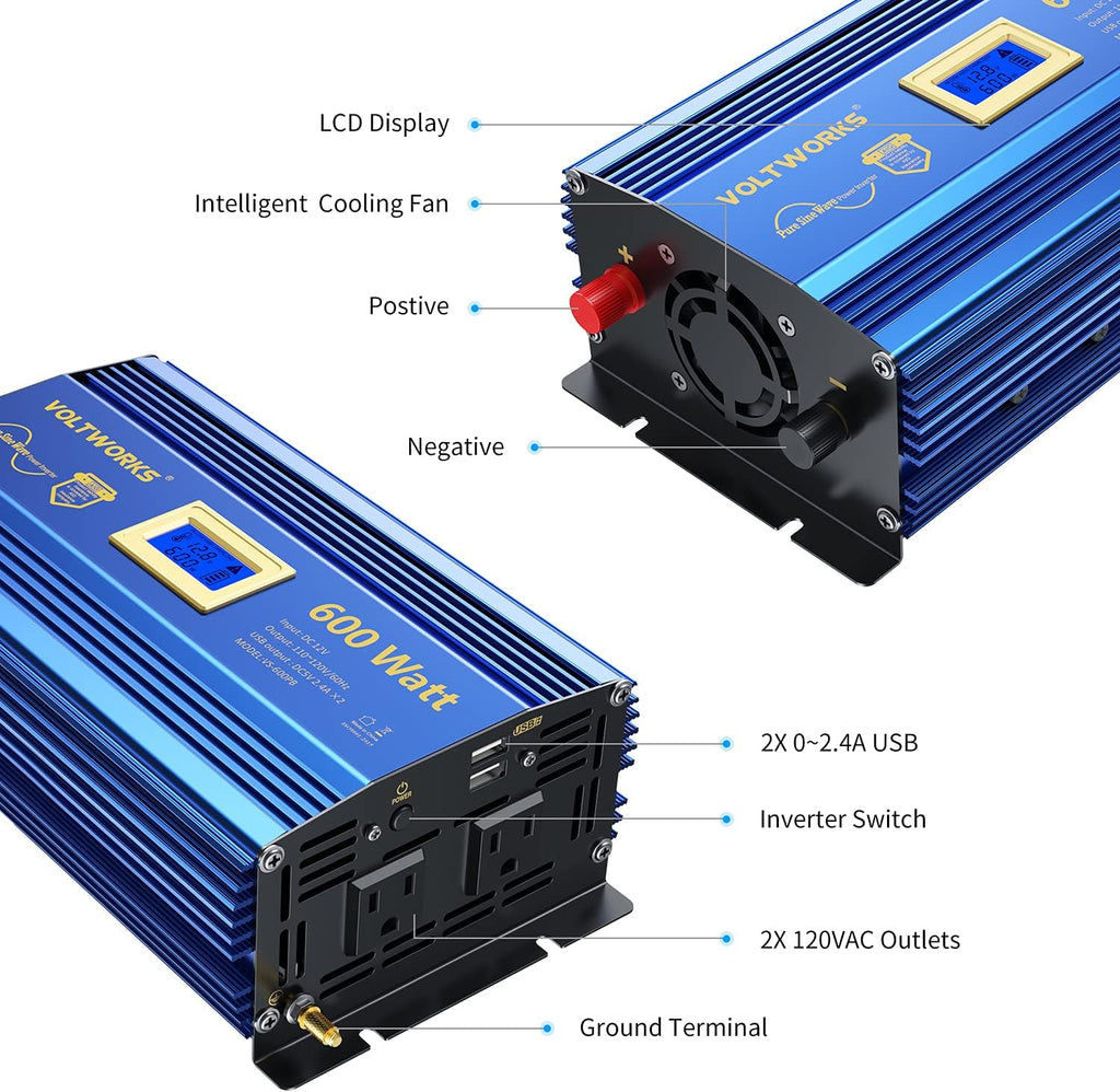 600 Watts Pure Sine Wave Power Inverter DC 12V to AC 110V with Dual USB Port & LCD Display P5785