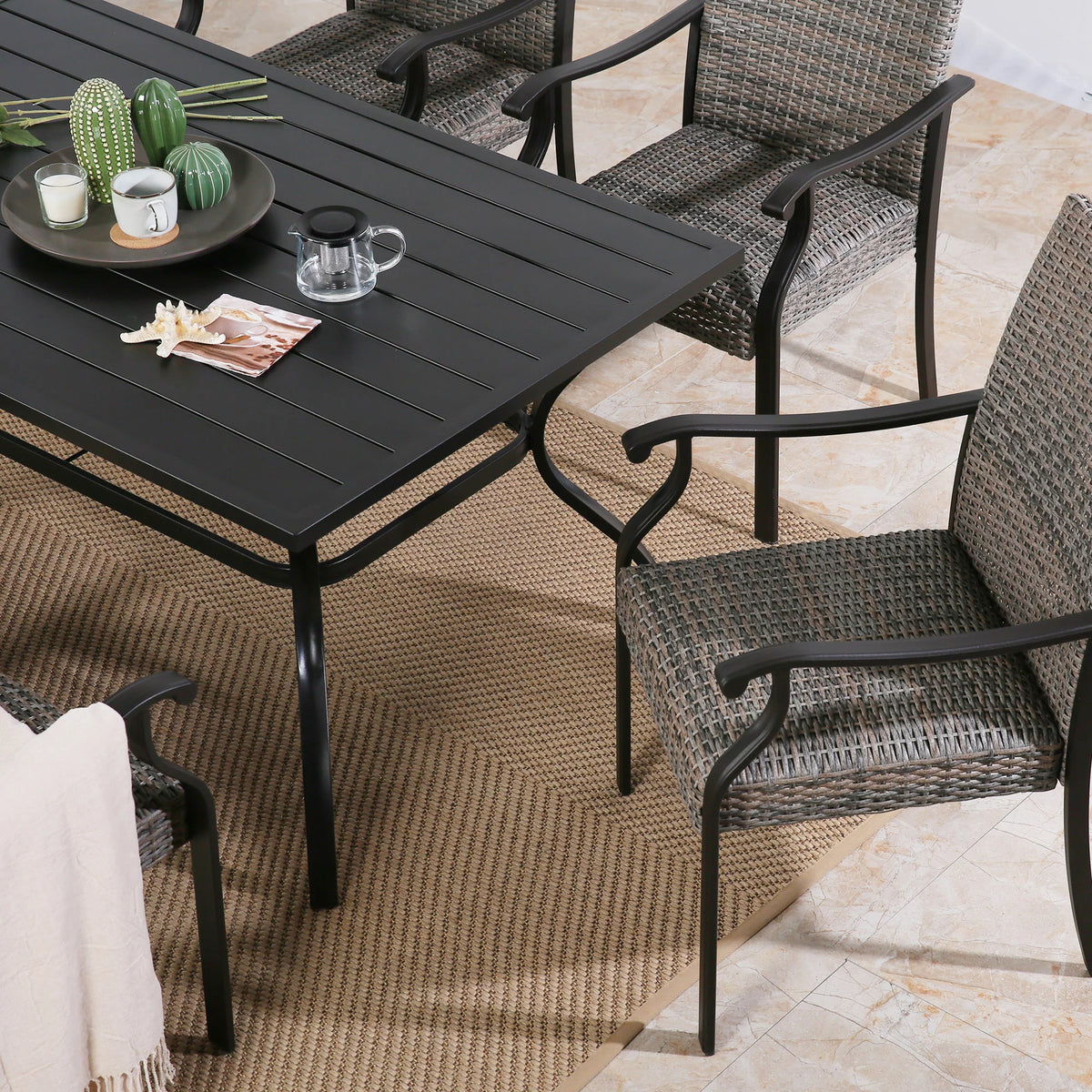 6-Person Metal Rattan Patio Dining Set with Umbrella Hole J353988