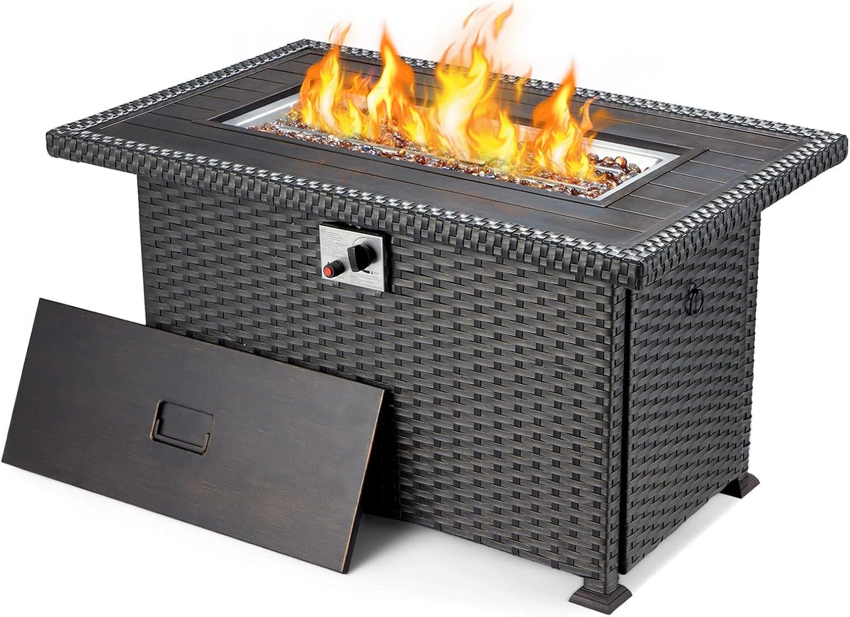 44in Propane Fire Pit Table with Lid Cover Glass Beads K29987