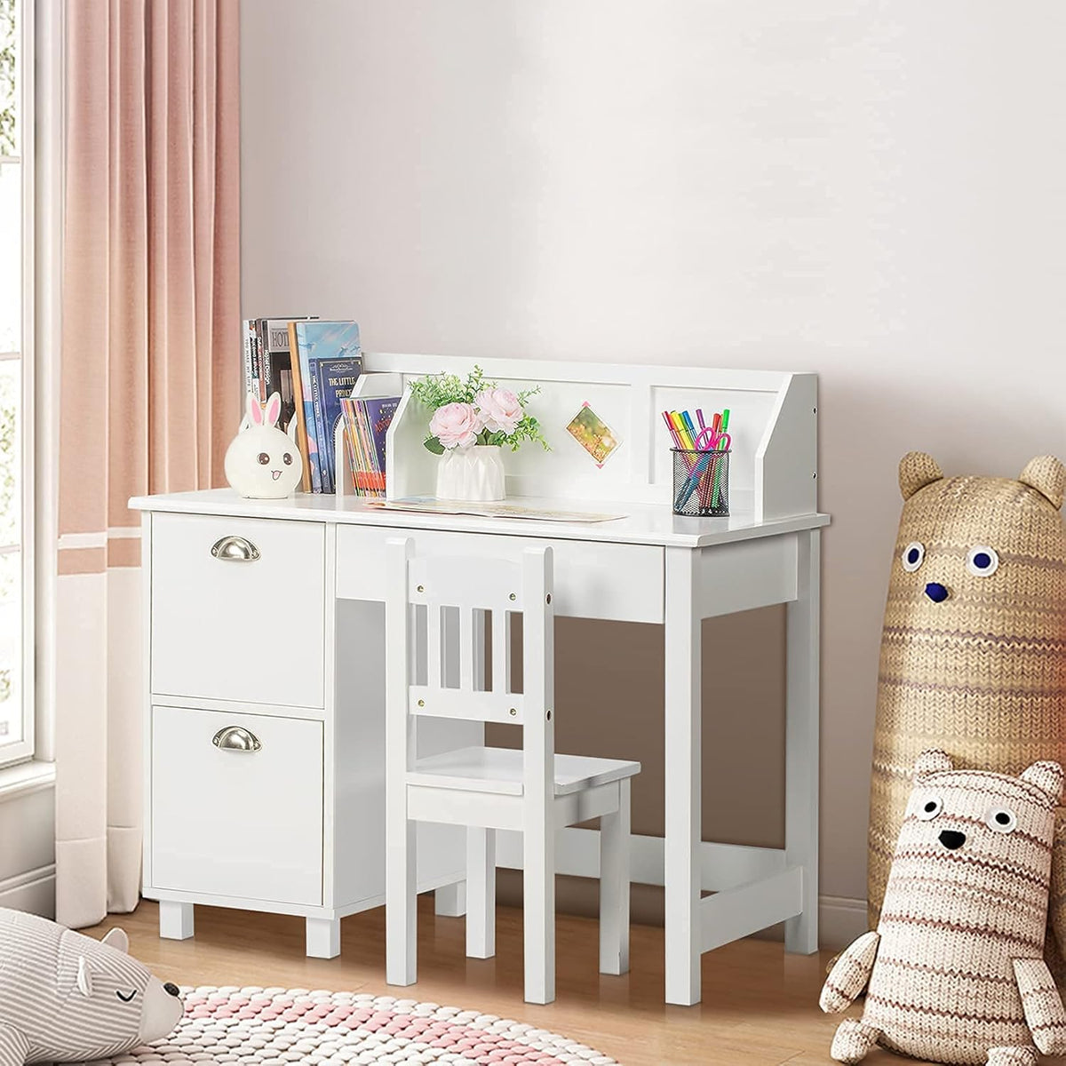 Kids Desk and Chair Set with Hutch and Storage X746