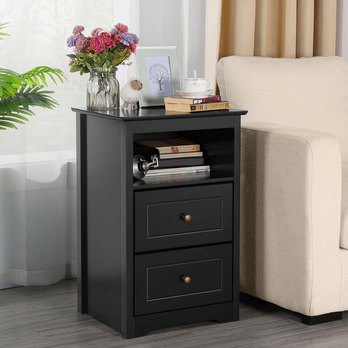 Black Tall End Table with 2 Drawers and Open Shelf K1845
