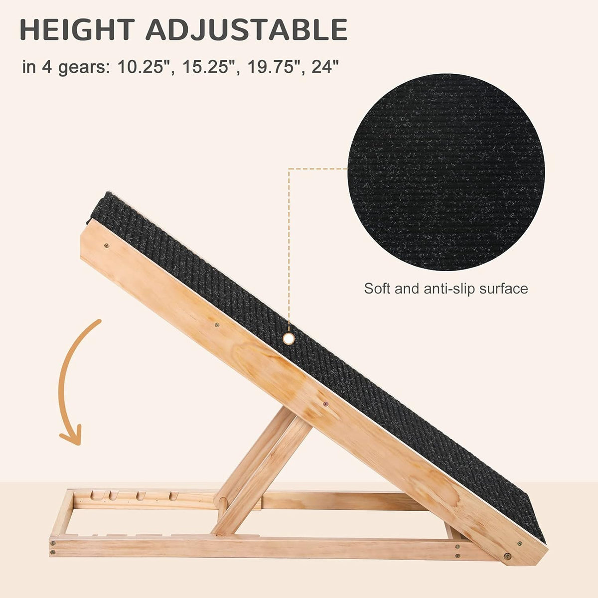 Elevated Pet Ramp, Foldable, Height Adjustable, Non-Slip Finish, Pine, 35.5" L x 16" W x 24" H, Black Z6051