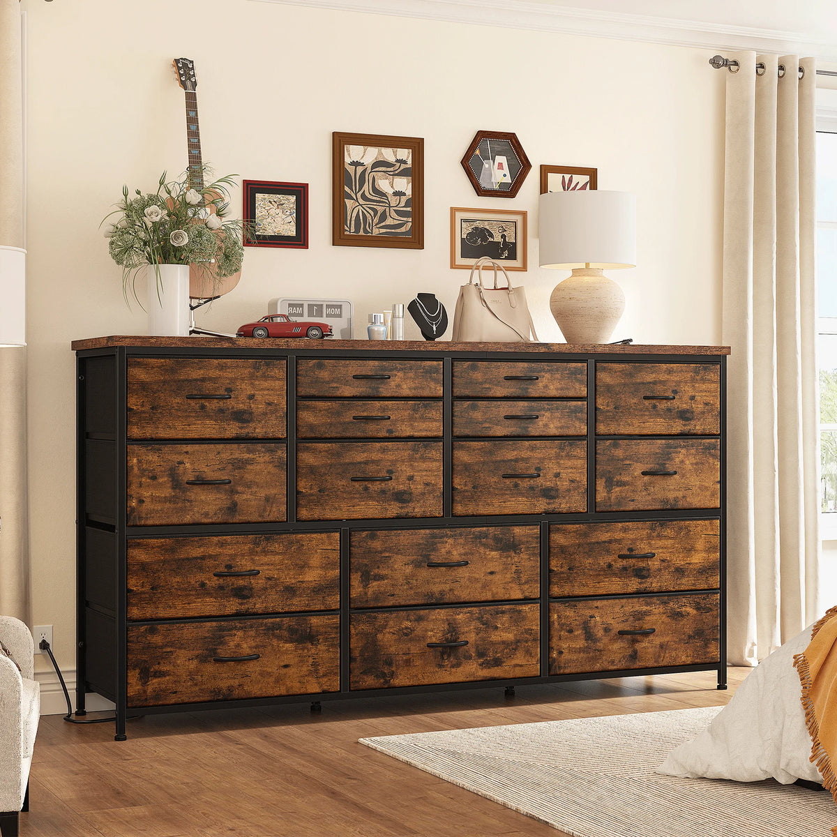Black 16 Drawer Fabric Dresser TV Stand with Power Outlet S66905