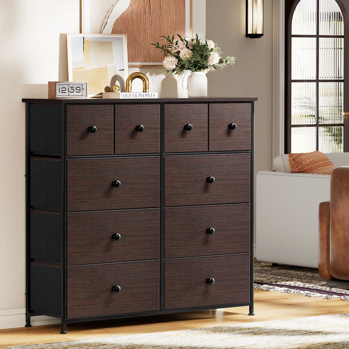 Dark Brown 10 Drawer Fabric Dresser L7313
