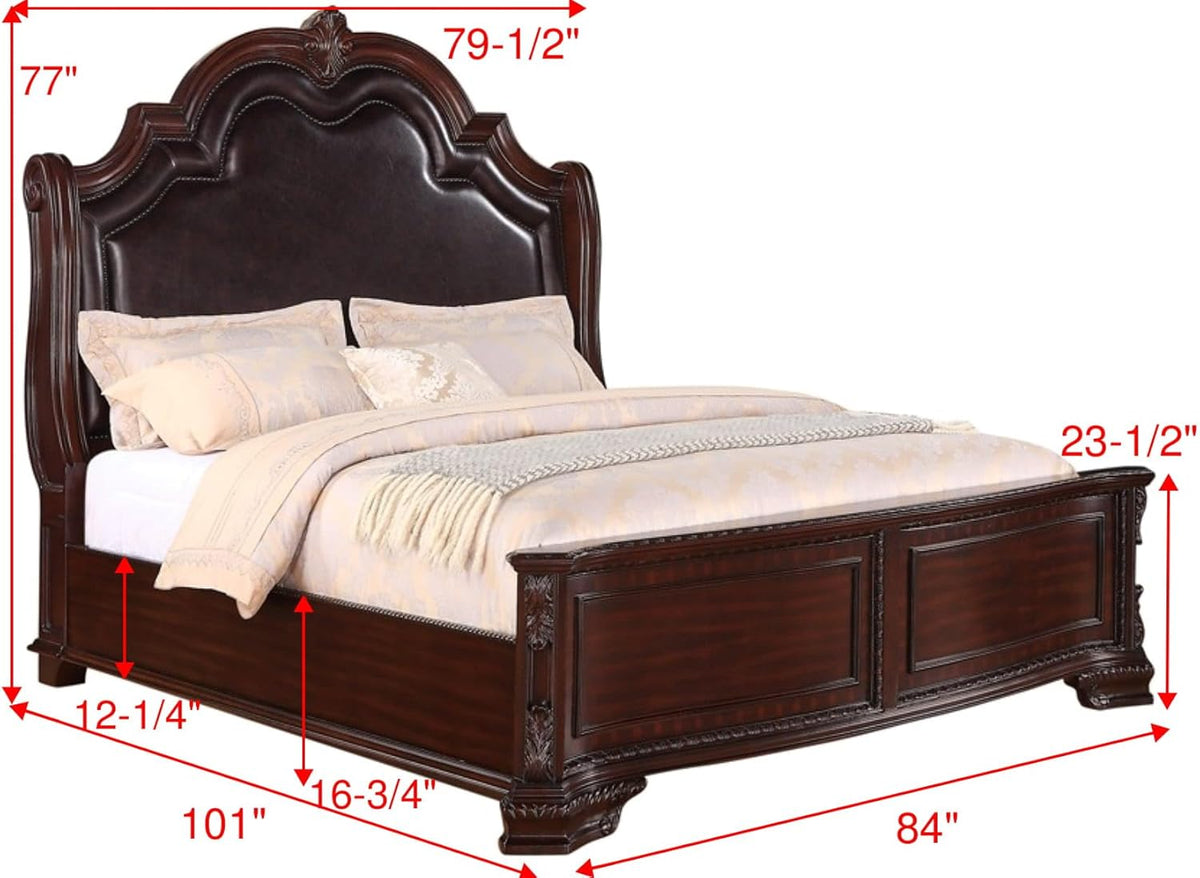 King Size Faux Leather Panel Bed with 2 Nightstand Set Cherry Finish Solid Wood Bedroom Furniture L73064