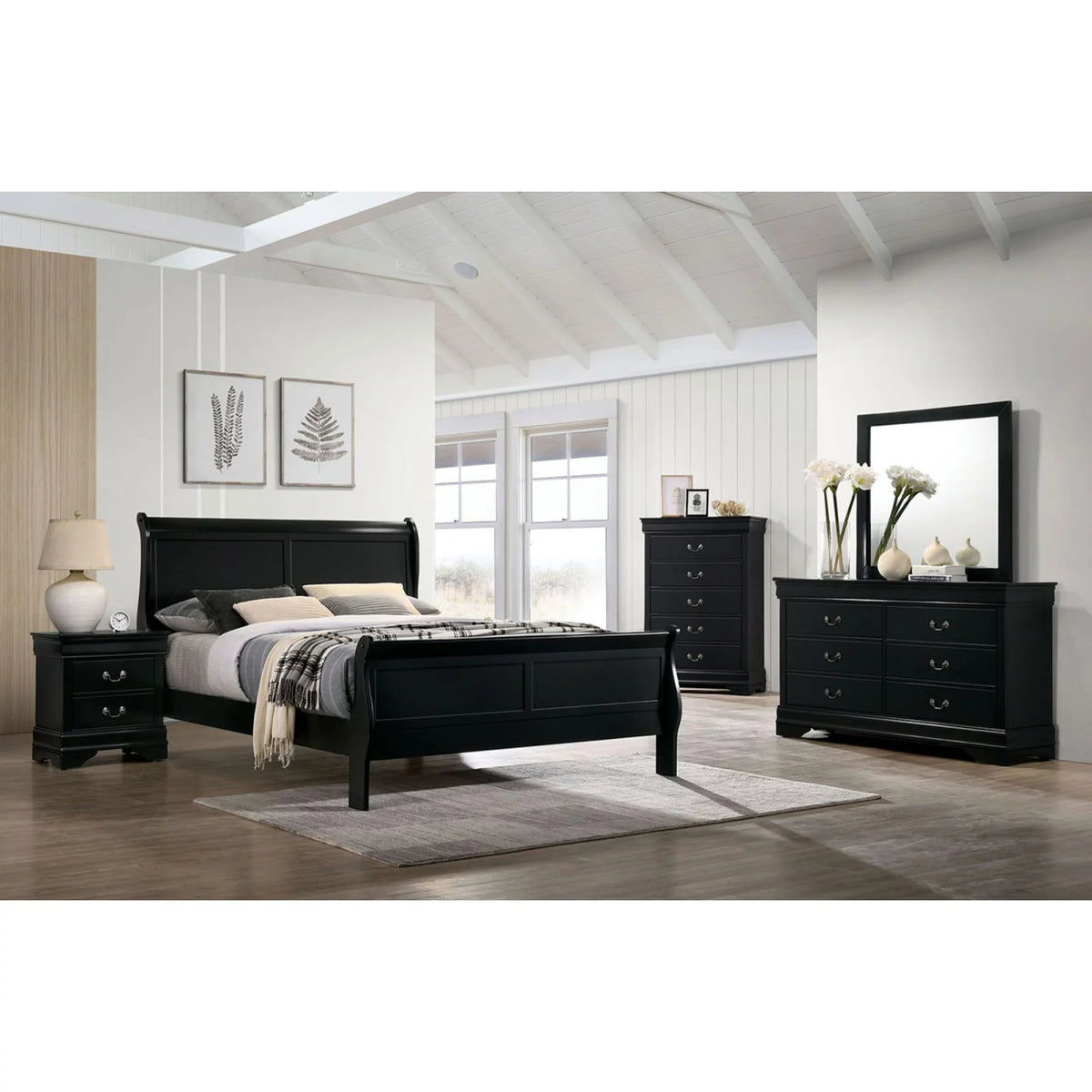 Black Queen Size Solidwood Sleigh Bed E85807