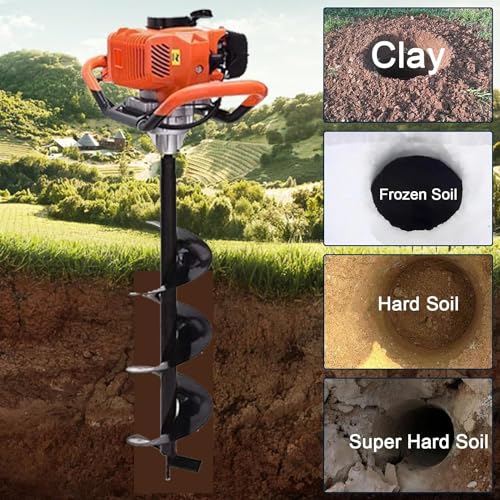 72cc Gas Powered Earth Auger with Three Drill Bit 4" 6" 8" and Three Extension Rods 8" 12" 20" W664085