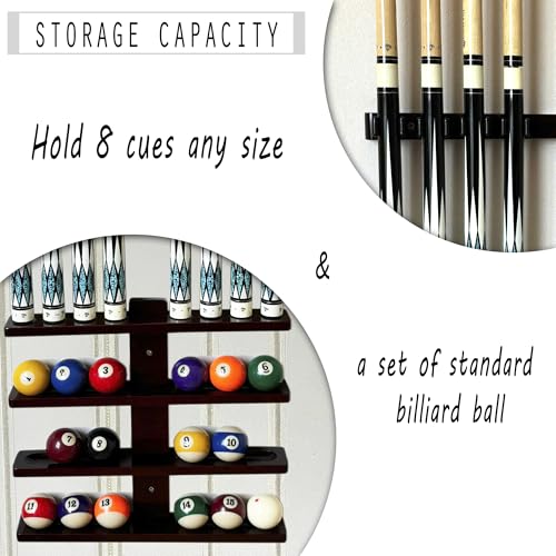 Wall-Mounted Hardwood Pool Stick Holder for 8-Cue Storage C986