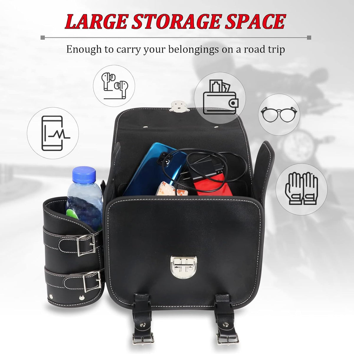2 Pack Black Synthetic Leather Lockable Motorcycle Saddlebags L982