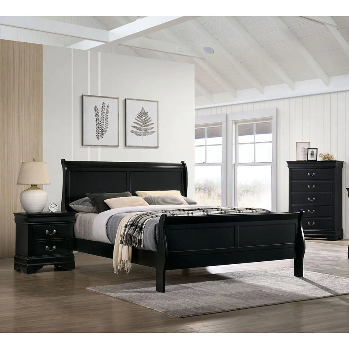 Black Queen Size Solidwood Sleigh Bed E85807