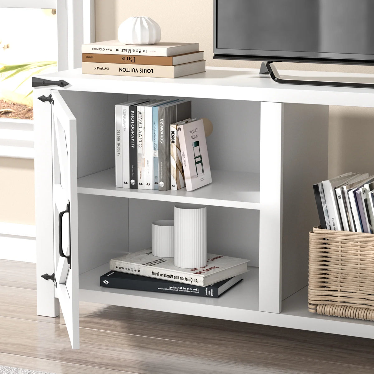 70" White TV Stand with Barn Doors J6471