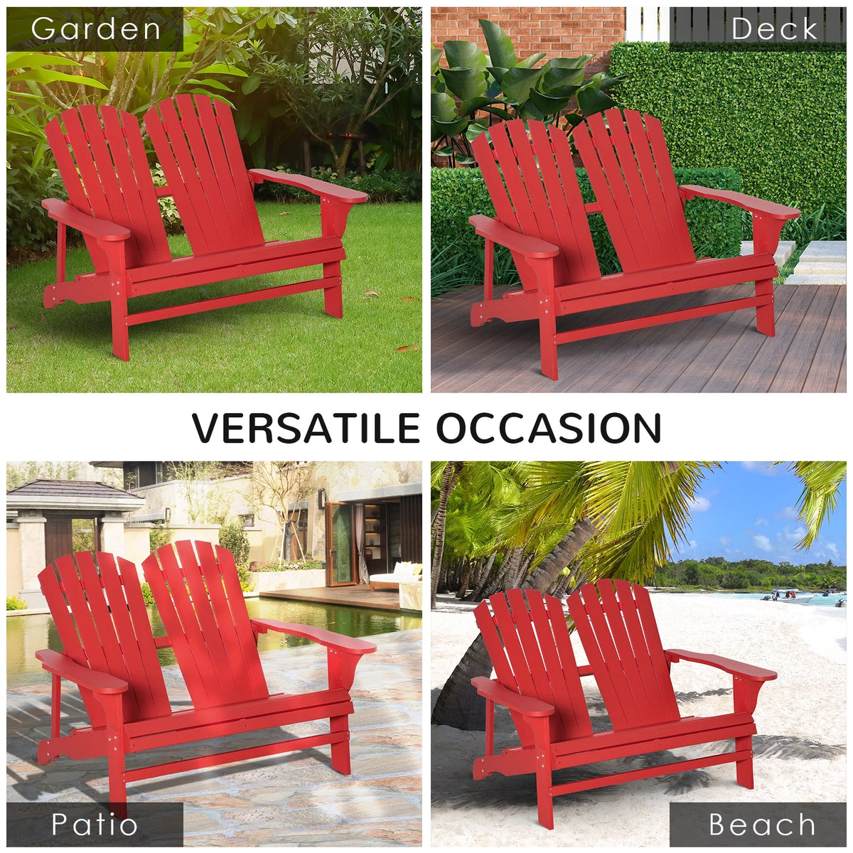 2 Person Wooden Adirondack Loveseat with High-back, Wide Armrests, Red T272533