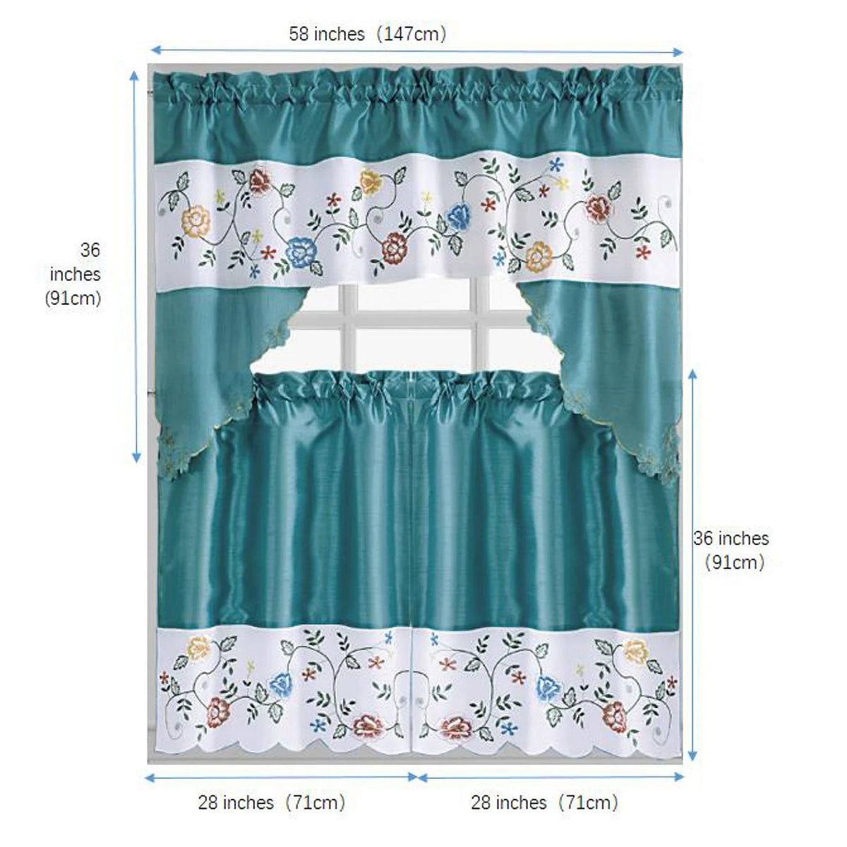Turquoise 3-Piece Kitchen Curtain Set, 58x36 & 28x36 inches O441912