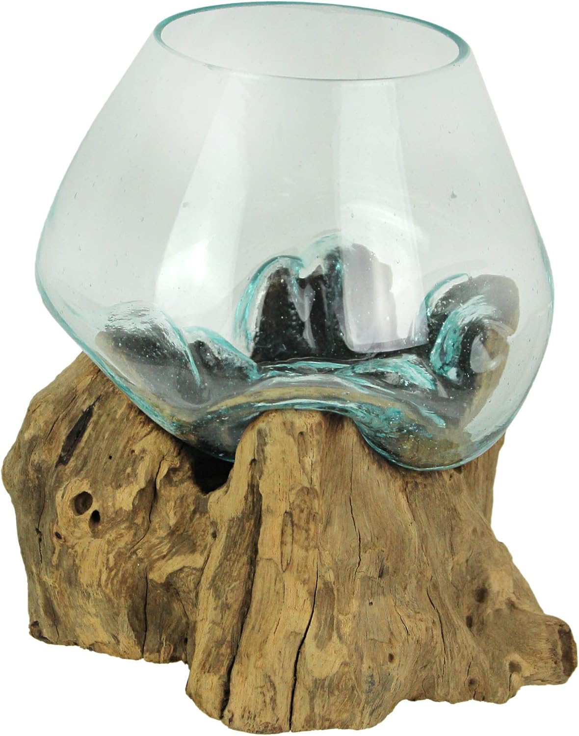 7-Inch Melted Glass and Teak Driftwood Centerpiece Bowl Y699