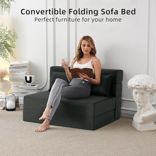 Dark Green Full Size Linen Folding Sofa Bed F989