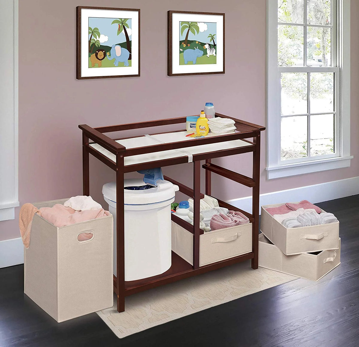 Cherry Changing Table with Three Baskets & Hamper L828062