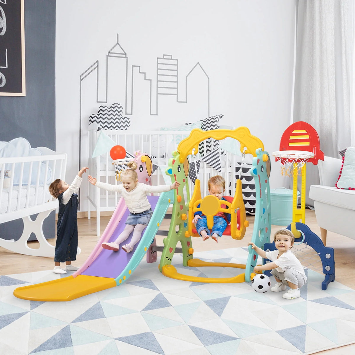 5-in-1 Toddler Climber and Swing Set with Slide, Football Gate and Basketball Hoops C968