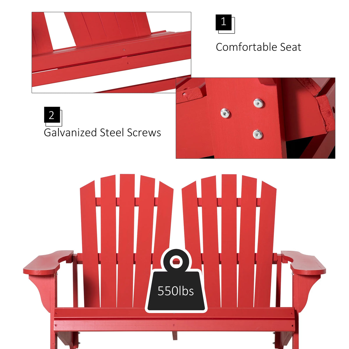 2 Person Wooden Adirondack Loveseat with High-back, Wide Armrests, Red T272533