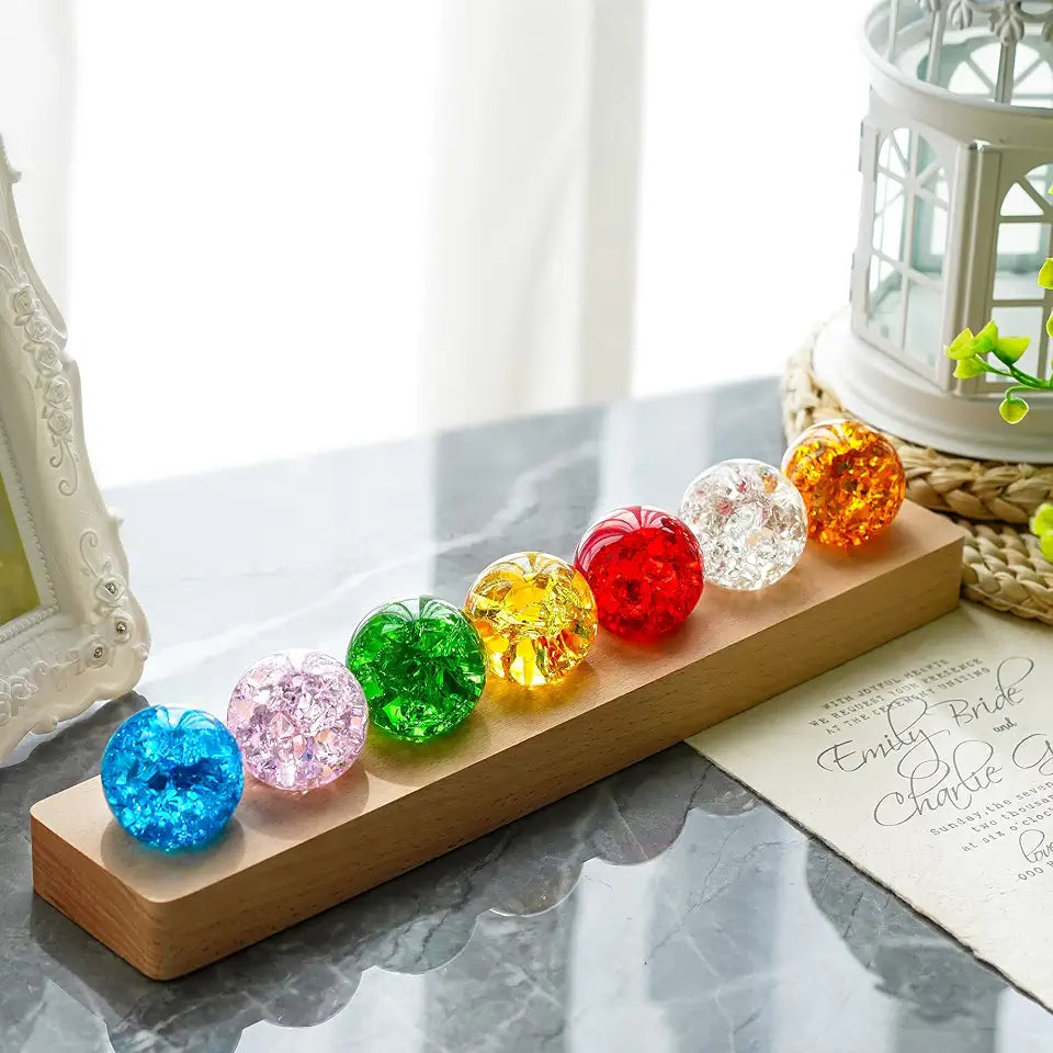 40mm Ice Cracked Crystal Chakra Balls with LED Wooden Base I415