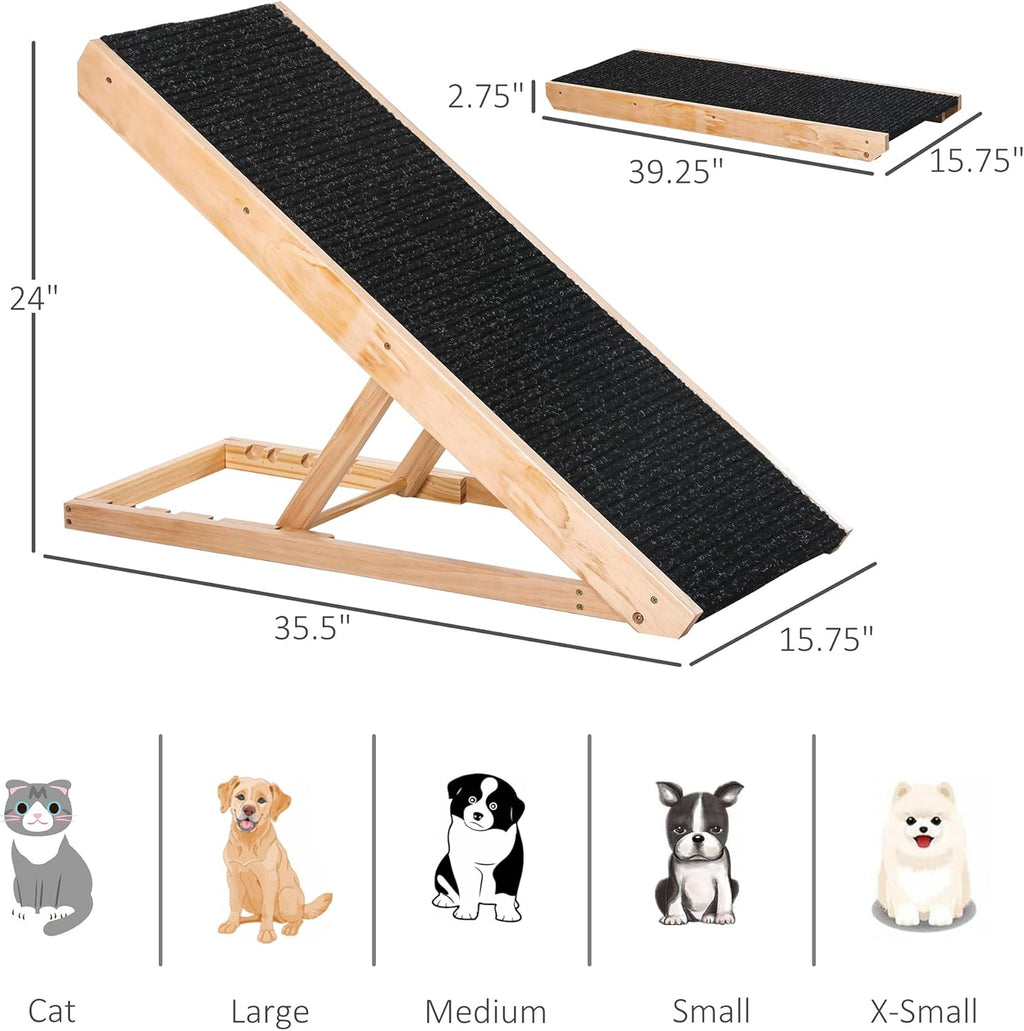 Elevated Pet Ramp, Foldable, Height Adjustable, Non-Slip Finish, Pine, 35.5" L x 16" W x 24" H, Black Z6051