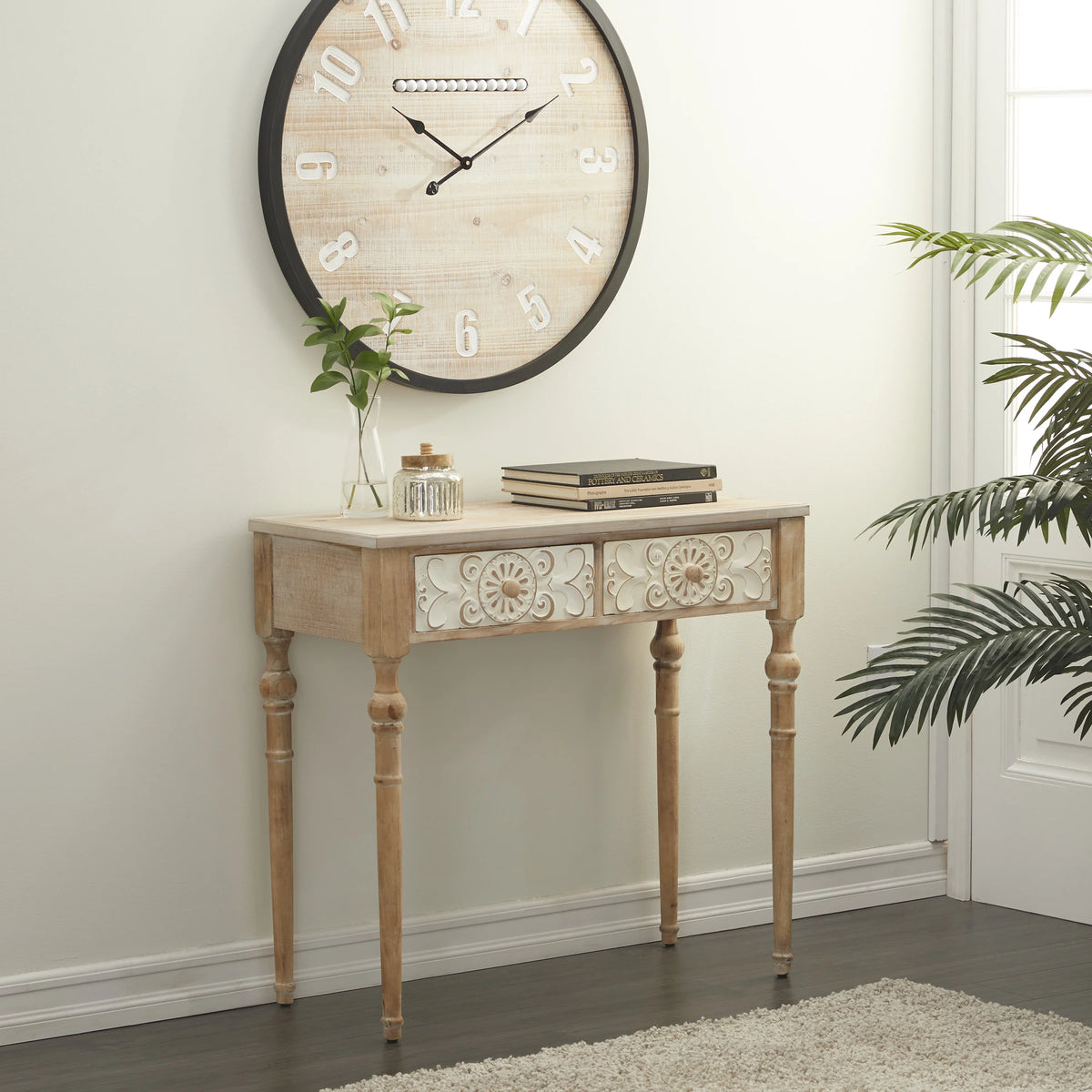 Brown Wood Carved 2 Drawers Console Table W7775