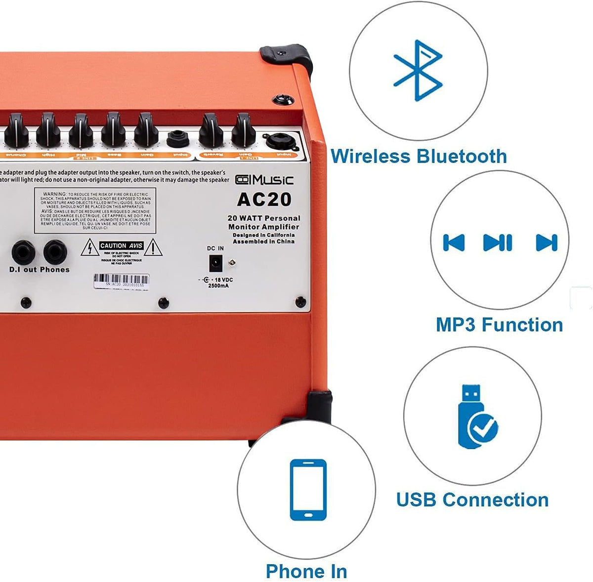 20 Watt Portable Bluetooth Acoustic Guitar Amplifier T9825