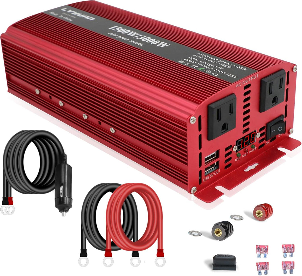 1500W Power Inverter Dual AC Outlets Dual USB DC 12V to 110V AC Car Inverter with Digital Display 4 External 40A Fuses T9021