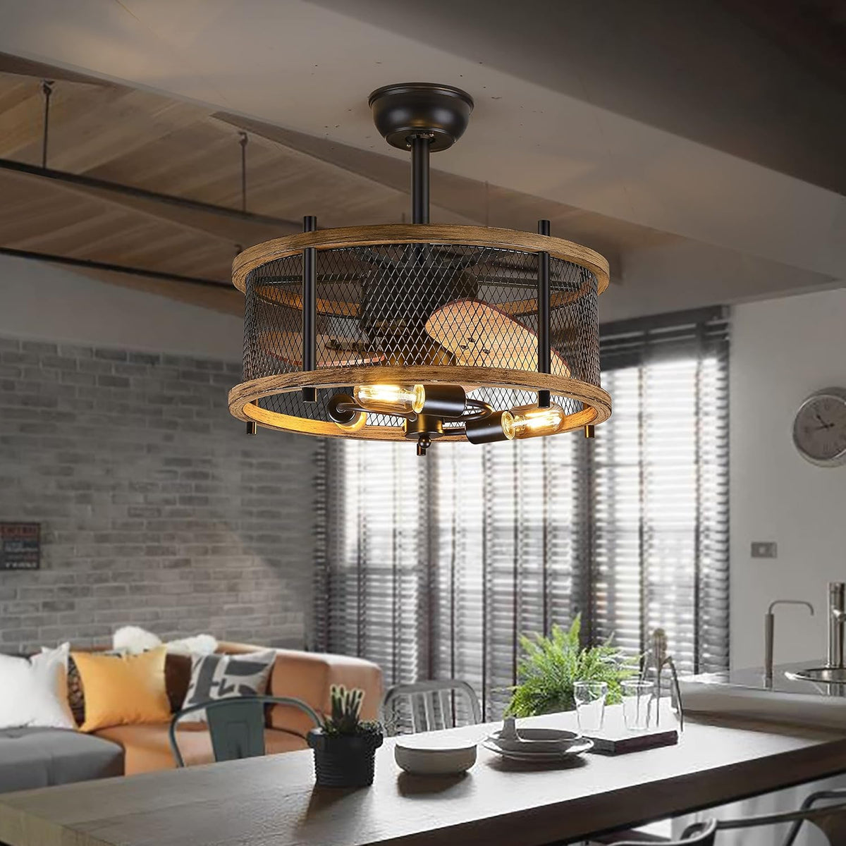 20-inch Industrial Caged Ceiling Fan with Lights Remote Control I93831
