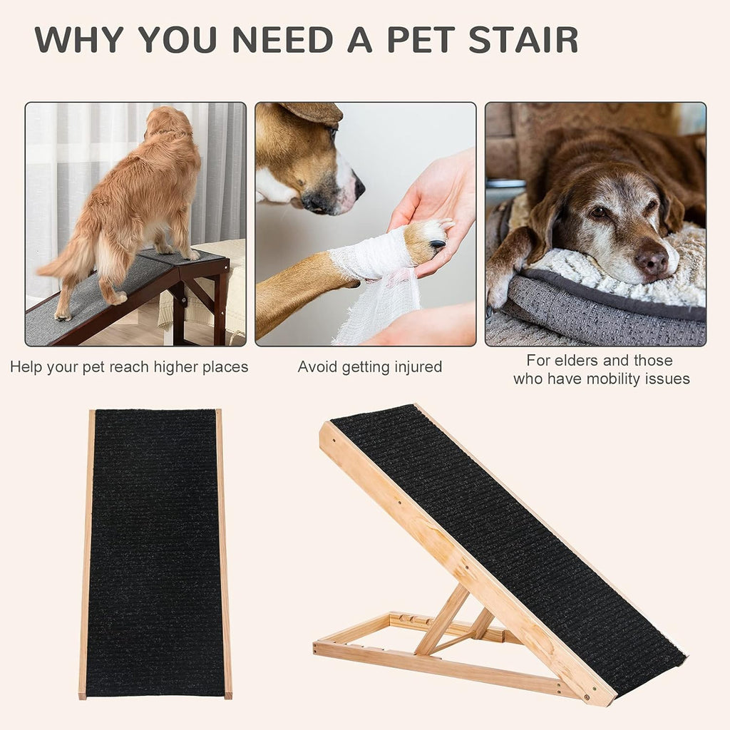 Elevated Pet Ramp, Foldable, Height Adjustable, Non-Slip Finish, Pine, 35.5" L x 16" W x 24" H, Black Z6051