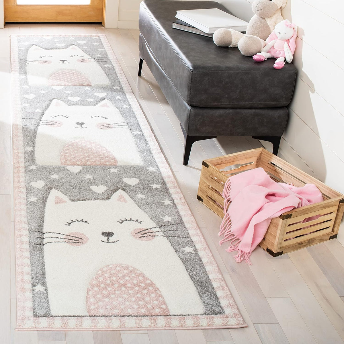 2'3" x 12' Pink & Grey Cat Design Runner Rug D55851