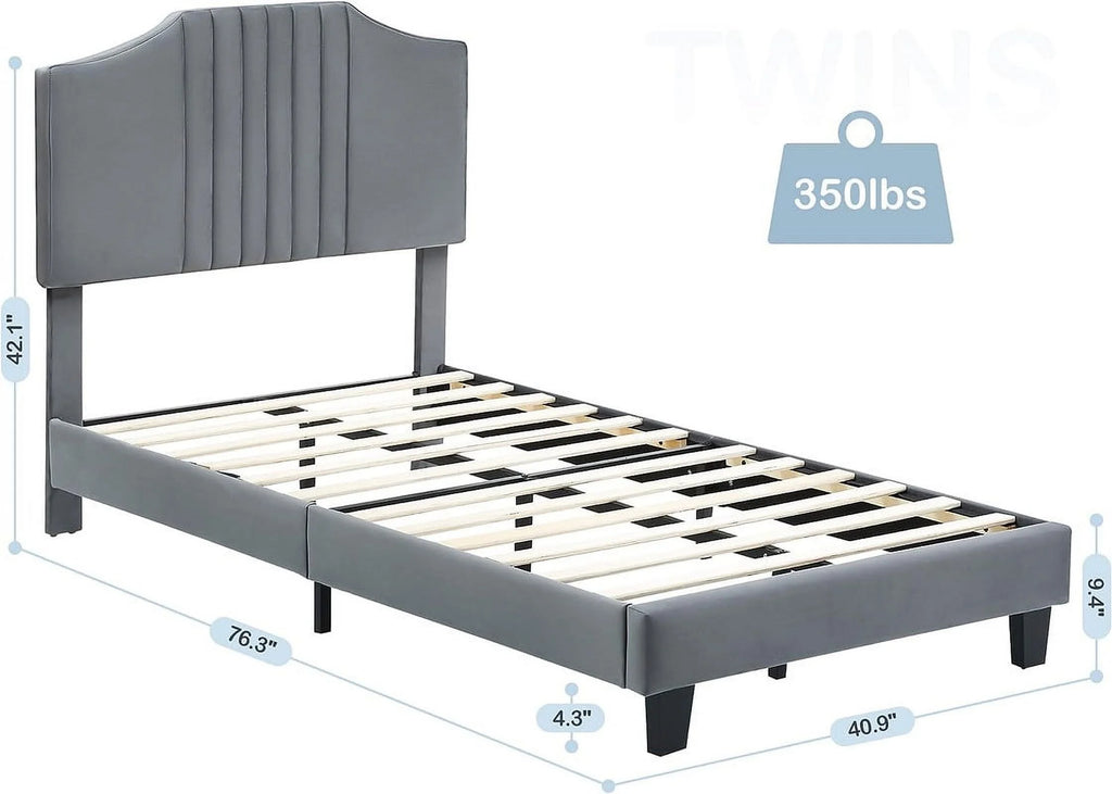 Twin Size Velvet Upholstered Platform Bed Frame with Headboard R1945