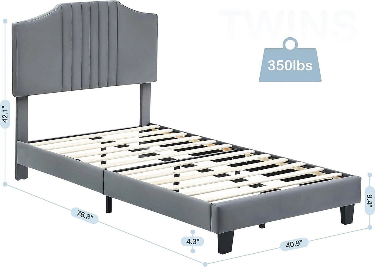 Twin Size Velvet Upholstered Platform Bed Frame with Headboard R1945
