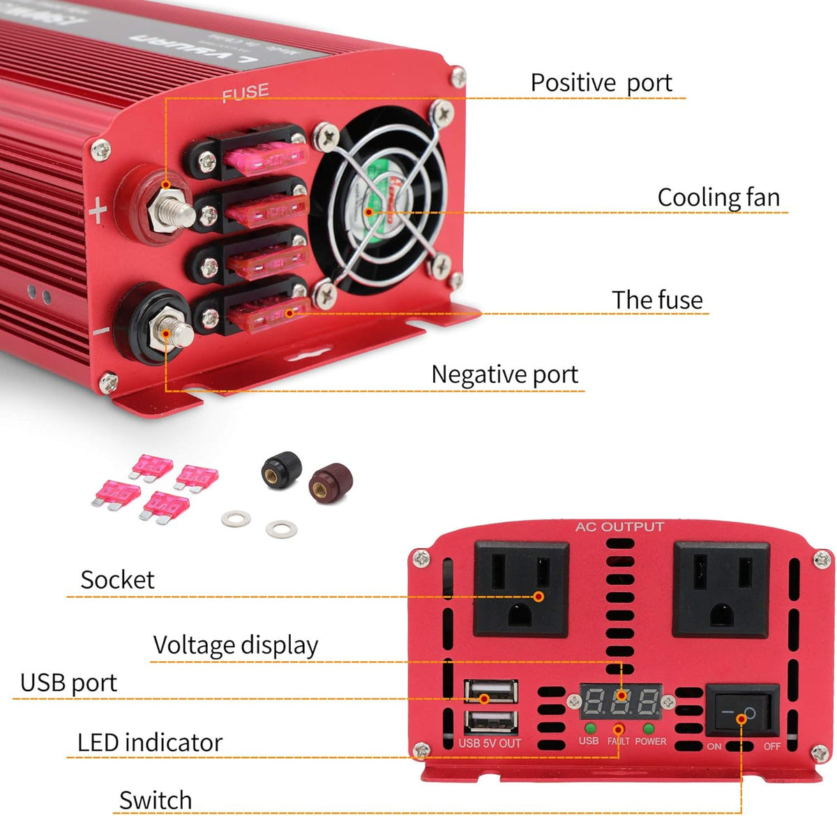 1500W Power Inverter Dual AC Outlets Dual USB DC 12V to 110V AC Car Inverter with Digital Display 4 External 40A Fuses T9021