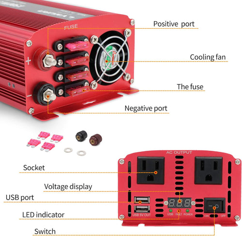1500W Power Inverter Dual AC Outlets Dual USB DC 12V to 110V AC Car Inverter with Digital Display 4 External 40A Fuses T9021