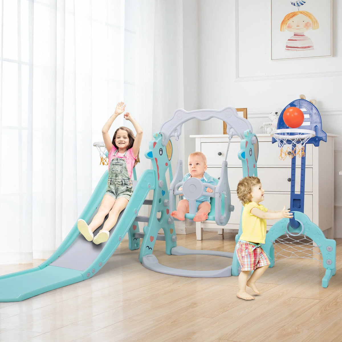 5-in-1 Toddler Climber and Swing Set with Slide, Football Gate and Basketball Hoops C968