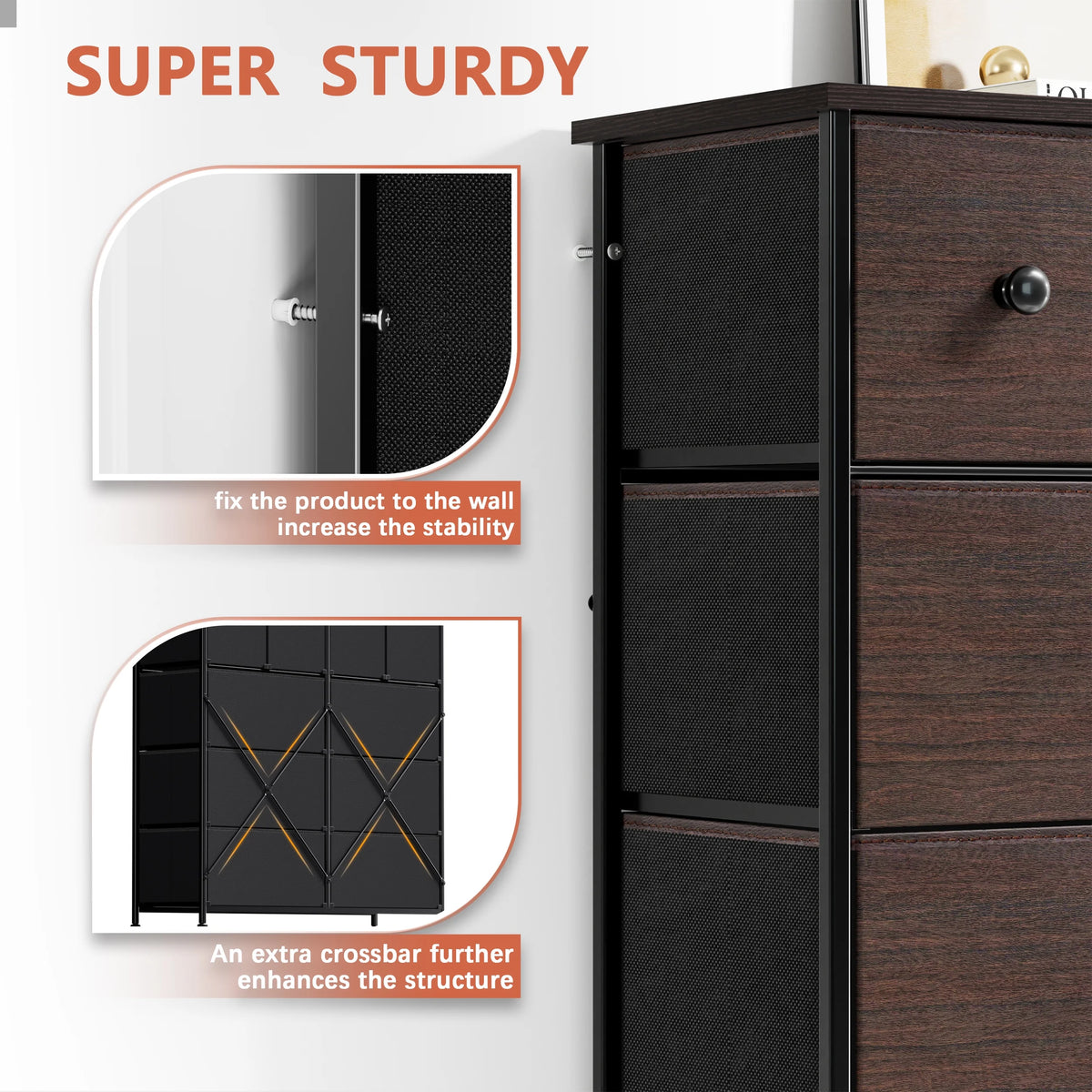 Dark Brown 10 Drawer Fabric Dresser L7313