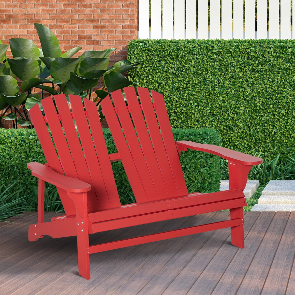 2 Person Wooden Adirondack Loveseat with High-back, Wide Armrests, Red T272533