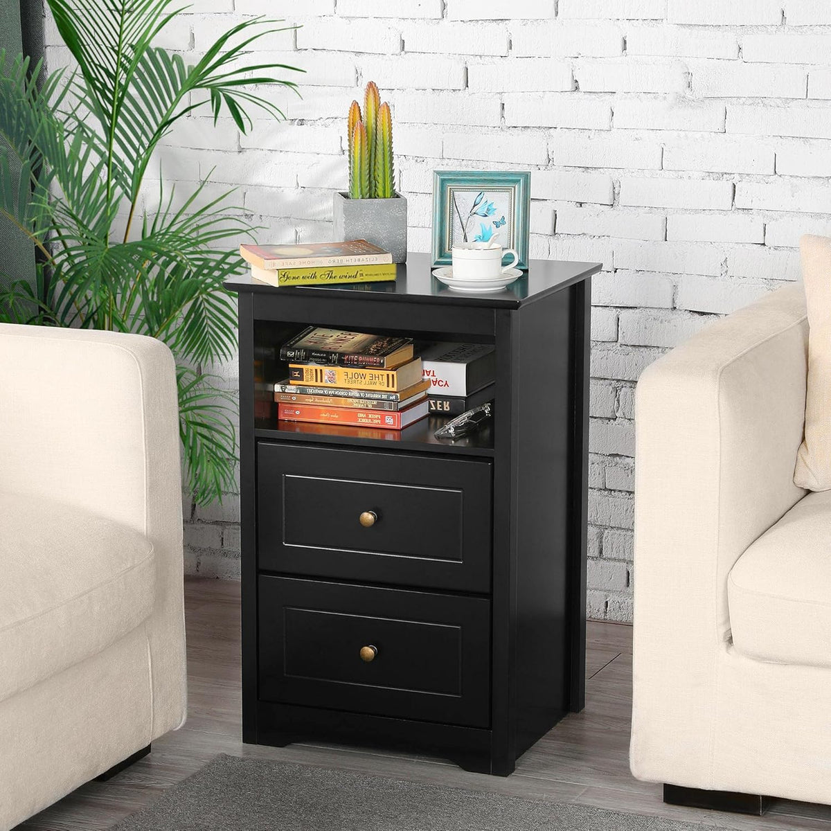 Black Tall End Table with 2 Drawers and Open Shelf K1845