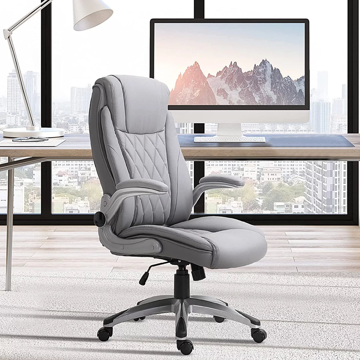 Grey Faux Leather Ergonomic Home Office Chair with Flip Up Arms Y69916