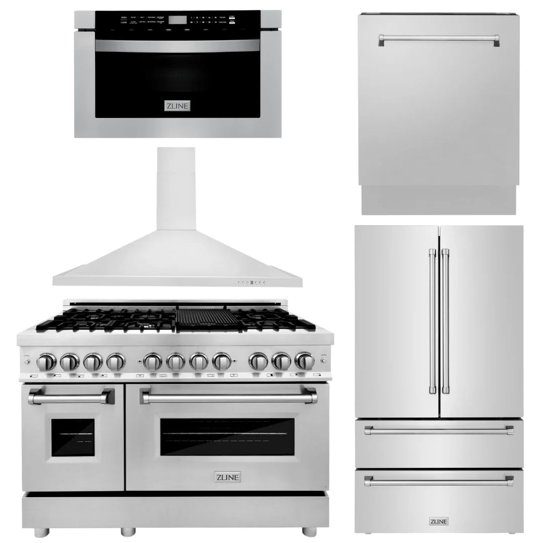 48 in. Dual Fuel Range, Range Hood, Microwave Drawer, Dishwasher, Refrigerator N54369