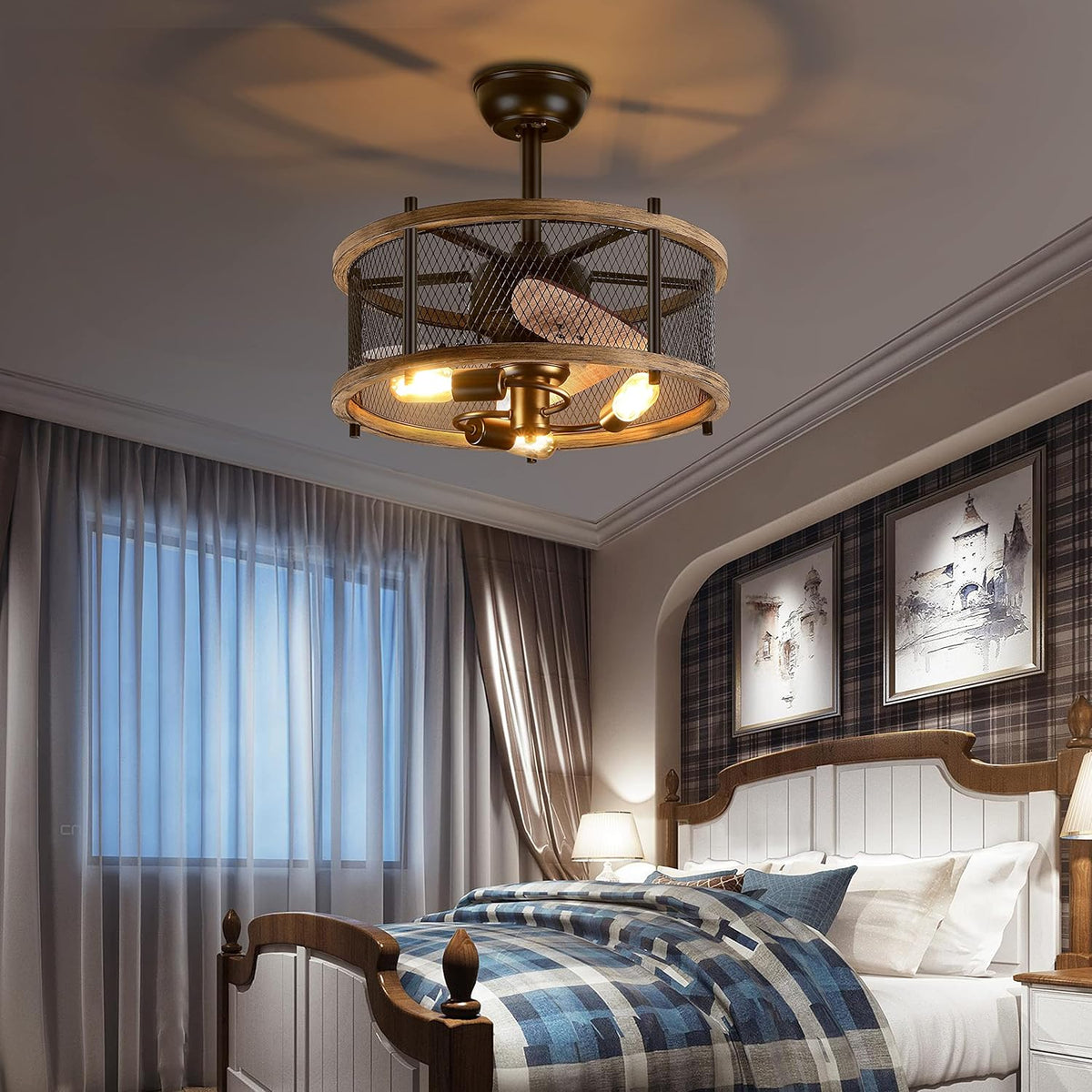 20-inch Industrial Caged Ceiling Fan with Lights Remote Control I93831