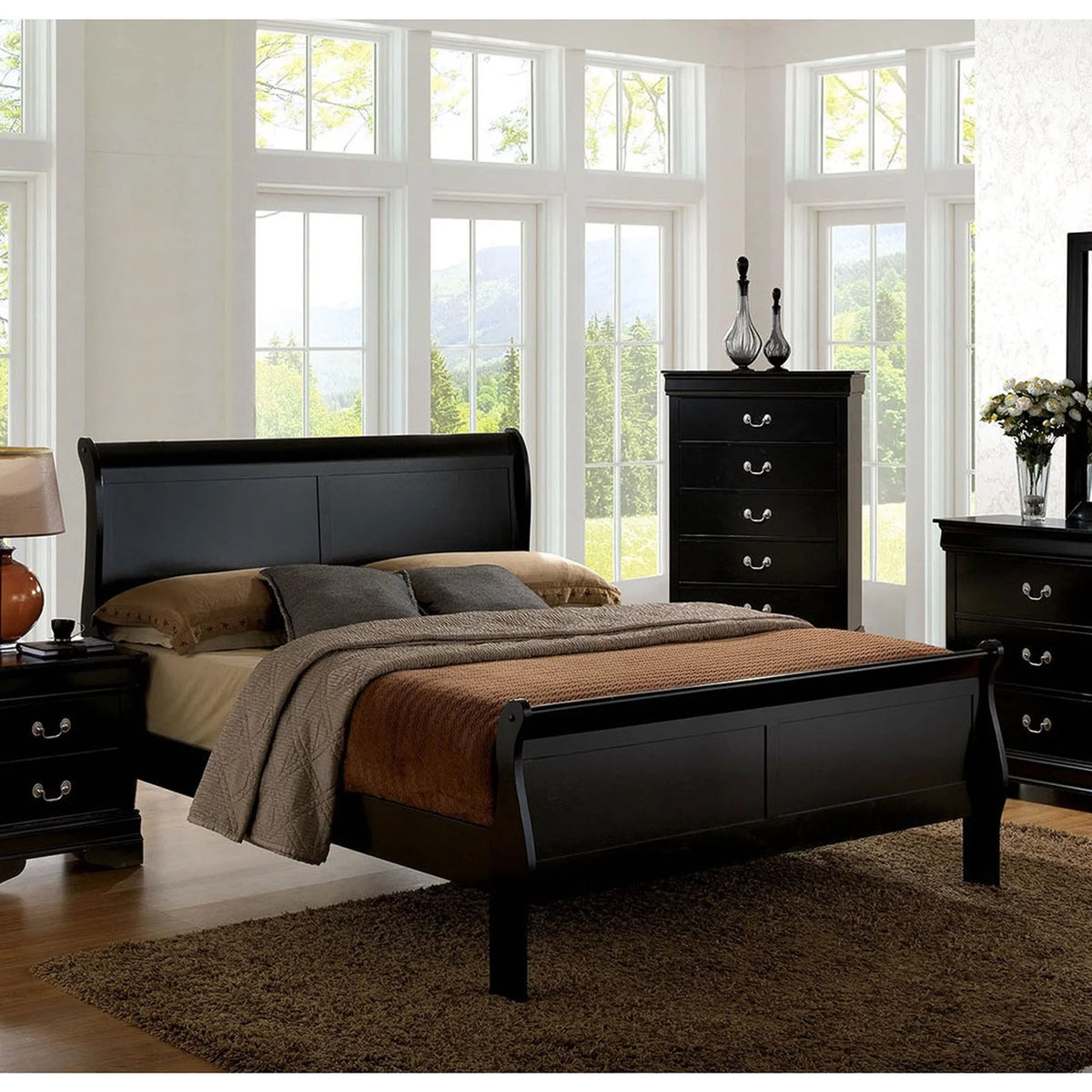 Black Queen Size Solidwood Sleigh Bed E85807