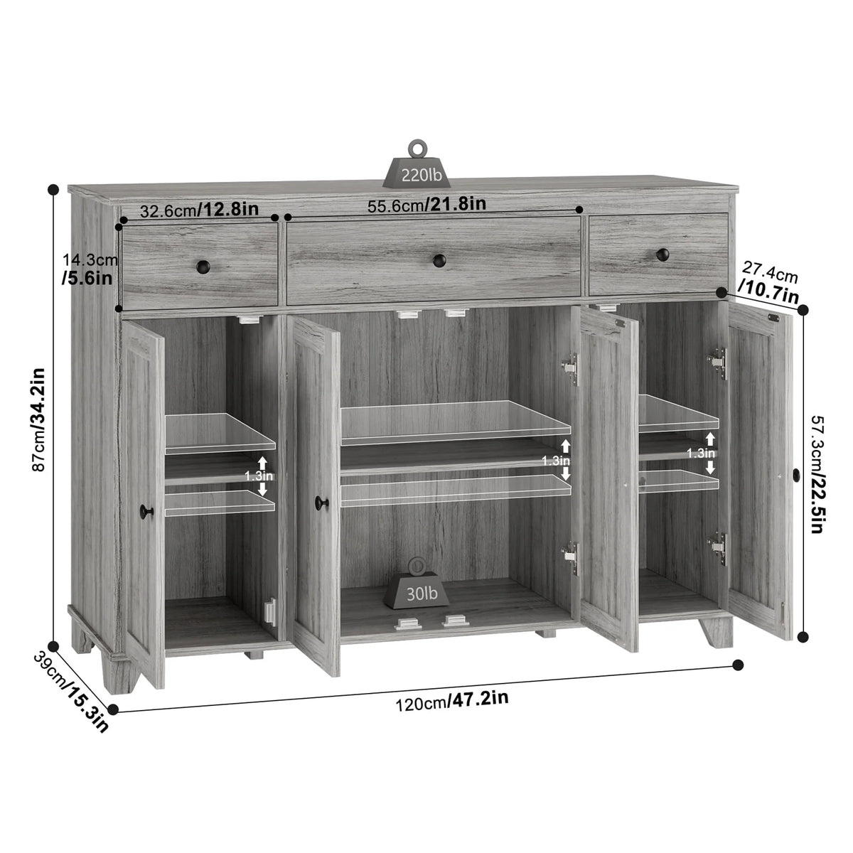 White 3 Drawer Buffet Sideboard Cabinet M4041