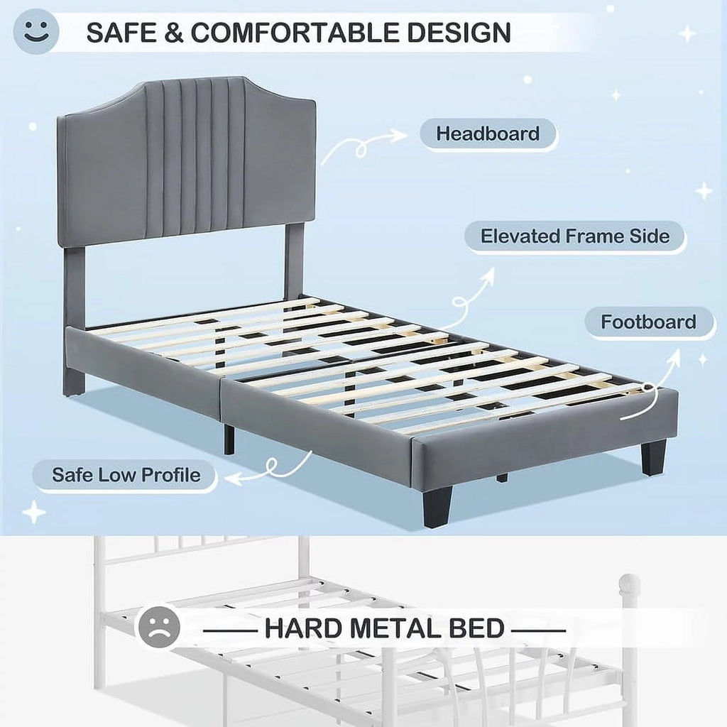 Twin Size Velvet Upholstered Platform Bed Frame with Headboard R1945