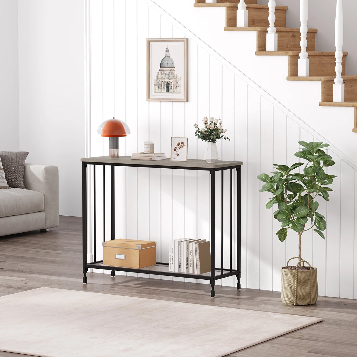 Gray Console Table with Glass Shelf and Metal Frame K917066