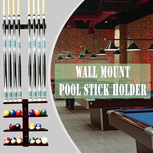 Wall-Mounted Hardwood Pool Stick Holder for 8-Cue Storage C986