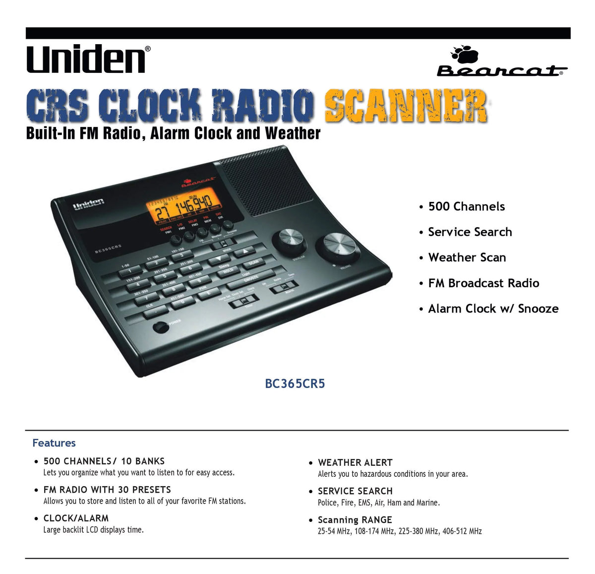 500 Channel Scanner and Alarm Clock with FM Radio and Weather Alert R69813