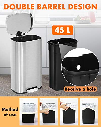 60 Liter Stainless Steel Step Trash Can with Inner Buckets and Hinged Lids U4605