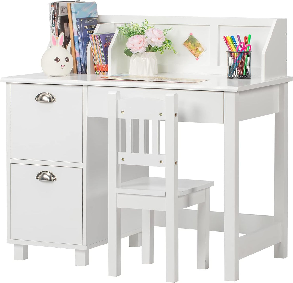 Kids Desk and Chair Set with Hutch and Storage X746